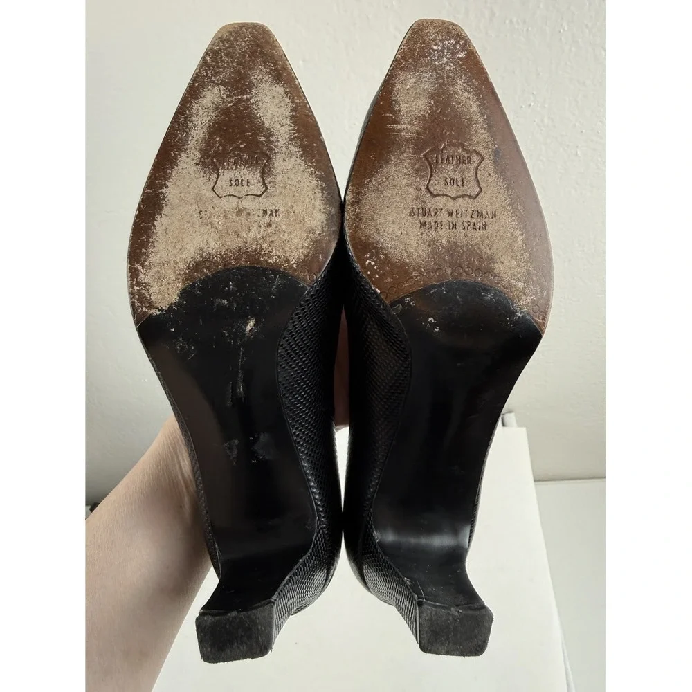 Stuart Weitzman Black Leather Embossed Pointed Toe Womens Slip On Heel Size 7 - Picture 7 of 9